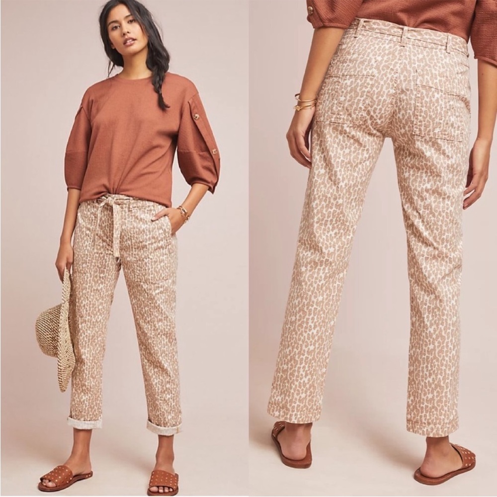 Anthropologie Beige & Cream Animal Print Straight-Leg Pants